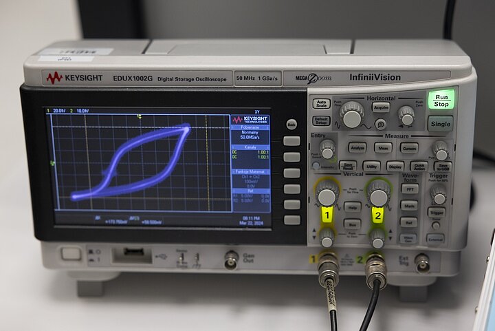 Oscyloskop cyfrowy wyświetlający pętlę histerezy magnetycznej